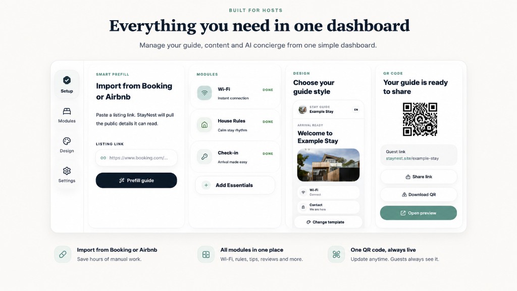 StayNest host dashboard: import listings, manage guide modules, customize design, and share with QR